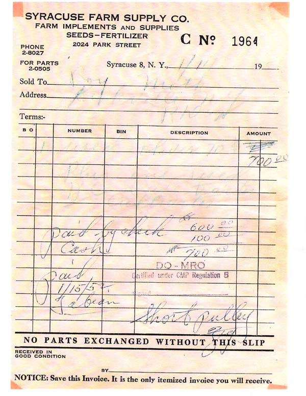 Oliver Row Crop 70 Receipt